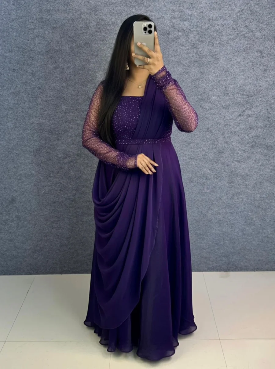 2TRENDING FENDY SILK SEQUENCE AND BEADS WORK GOWN WITH DUPATTA AND WAIST BELT FESTIVE WEAR WHOLESALE PRICE ETHNIC GARMENT (10)