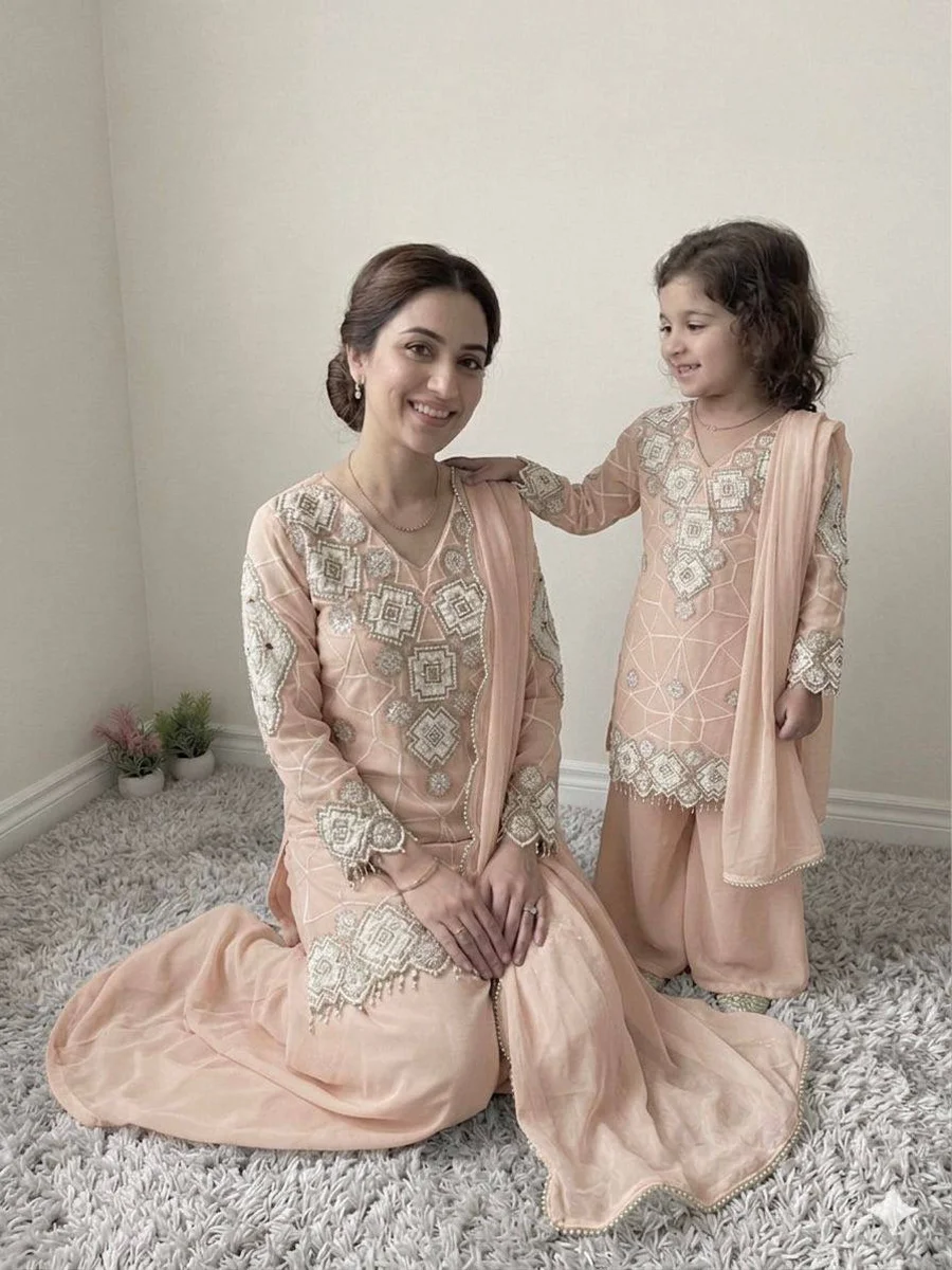 2TRENDING GEORGETTE SEQUENCE EMBROIDERY WORK MOTHER DAUGHTER SET FESTIVE WEAR WHOLESALE PRICE ETHNIC GARMENT (21)
