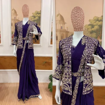 TRENDING RANGOLI SILK EMBROIDERY WORK LACE BORDER WORK READY TO WEAR SAREE WITH STITCHED BLOUSE AND KOTI PURPLE
