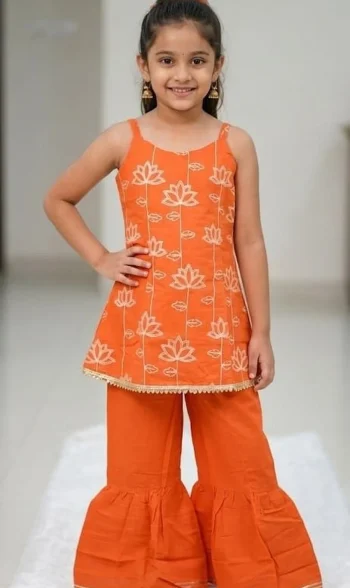 TRENDING RAYON SEQUENCE EMBROIDERY WORK KID'S TOP PALAZZO SET ORANGE