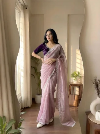 TRENDING SHIMMER CREPE JARKAN STONE WORK BORDER AND ALL OVER DIAMOND WORK SAREE WITH UNSTITCHED BLOUSE LAVENDER