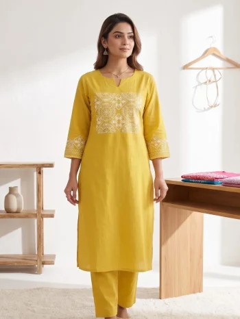 TRENDING TESLA SILK EMBROIDERY WORK CO-ORD SET YELLOW
