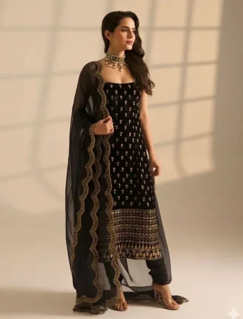 DESIGNER ROMAN GLASS THREAD & SEQUENCE WORK TOP BOTTOM WITH DUPATTA BLACK