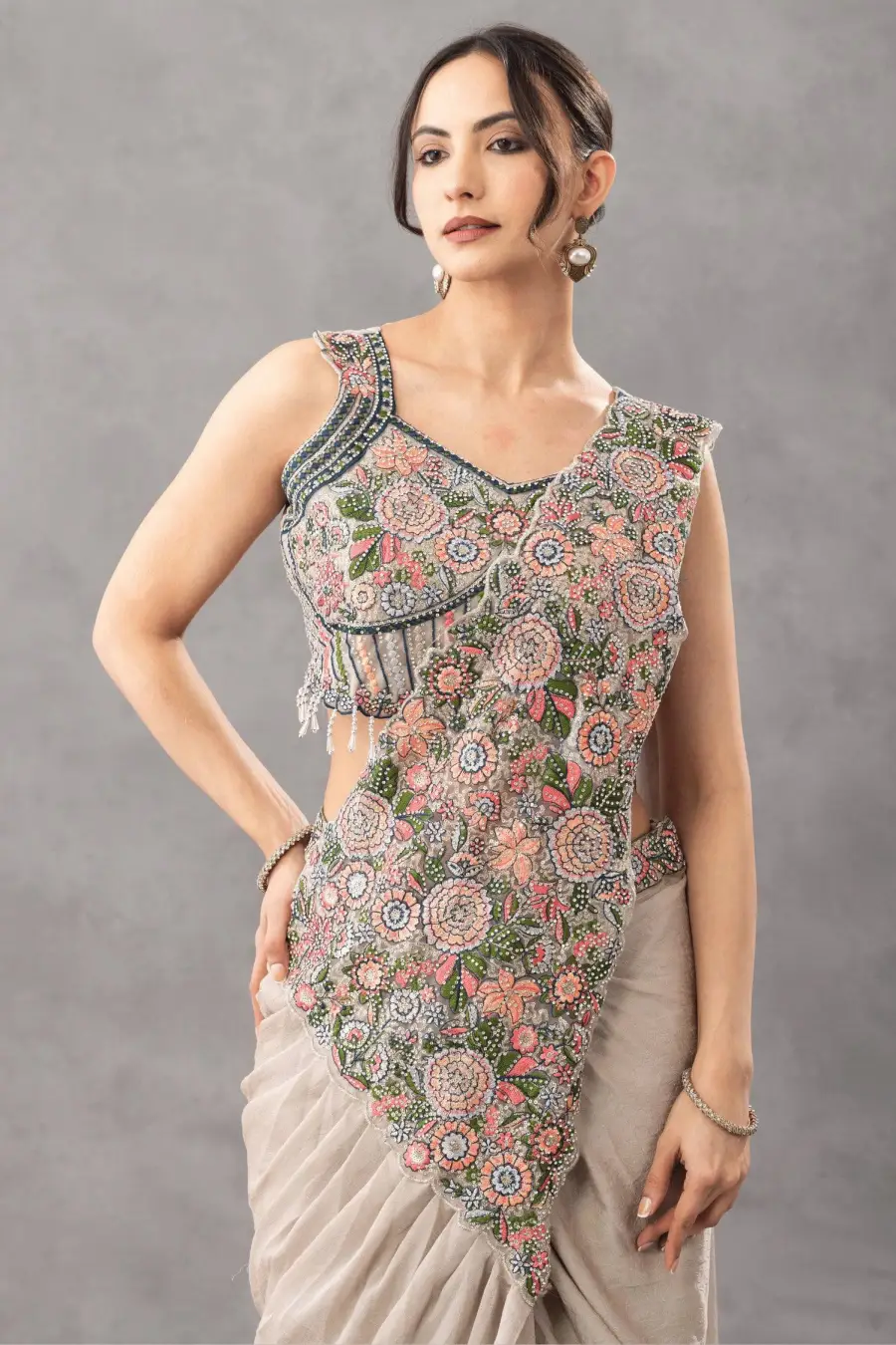 3CLASSIC CHINON EMBROIDERY WORK READY TO WEAR SAREE WITH STITCHED BLOUSE PARTY WEAR WHOLESALE PRICE ETHNIC GARMENT (23)