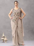 CLASSIC CHINON EMBROIDERY WORK READY TO WEAR SAREE WITH STITCHED BLOUSE CREAM