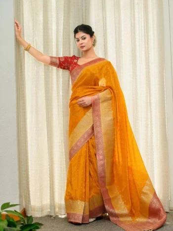 CLASSIC LICHI SILK JACQUARD WORK SAREE WITH UNSTITCHED BLOUSE YELLOW