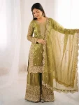 DESIGNER FENDY SILK EMBROIDERY CODING AND SEQUENCE WORK TOP PALAZZO WITH DUPATTA PISTA