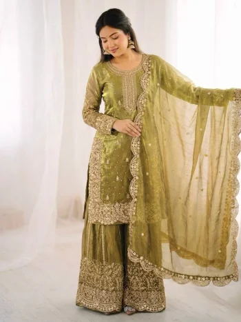 DESIGNER FENDY SILK EMBROIDERY CODING AND SEQUENCE WORK TOP PALAZZO WITH DUPATTA PISTA