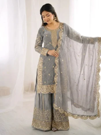 DESIGNER FENDY SILK EMBROIDERY CODING AND SEQUENCE WORK TOP PALAZZO WITH DUPATTA GREY