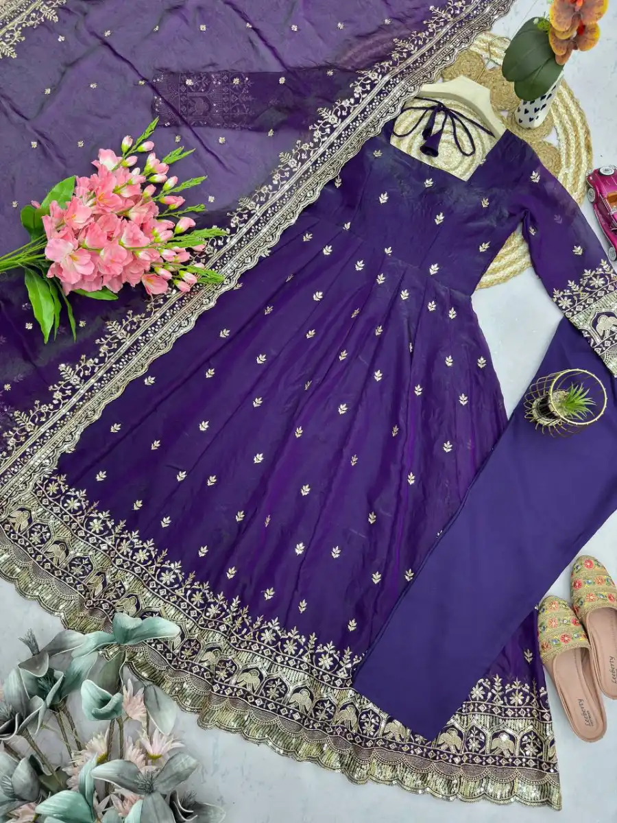 3DESIGNER FENDY SILK EMBROIDERY SEQUENCE WORK GOWN BOTTOM WITH DUPATTA FESTIVE WEAR WHOLESALE PRICE ETHNIC GARMENT (25)