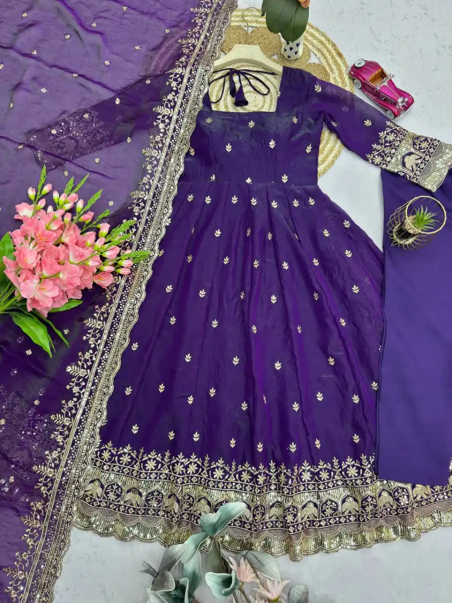 3DESIGNER FENDY SILK EMBROIDERY SEQUENCE WORK GOWN BOTTOM WITH DUPATTA FESTIVE WEAR WHOLESALE PRICE ETHNIC GARMENT (26)