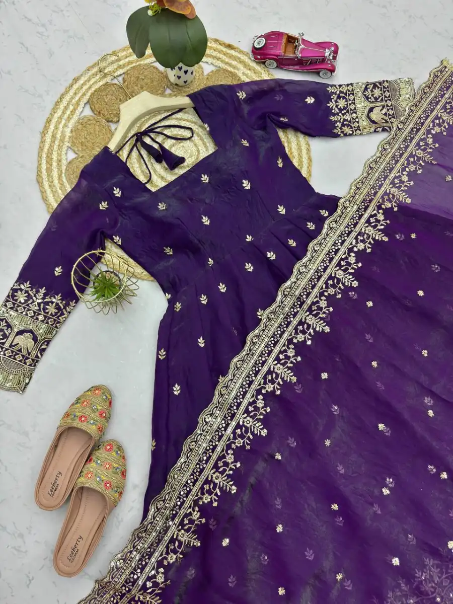 3DESIGNER FENDY SILK EMBROIDERY SEQUENCE WORK GOWN BOTTOM WITH DUPATTA FESTIVE WEAR WHOLESALE PRICE ETHNIC GARMENT (27)
