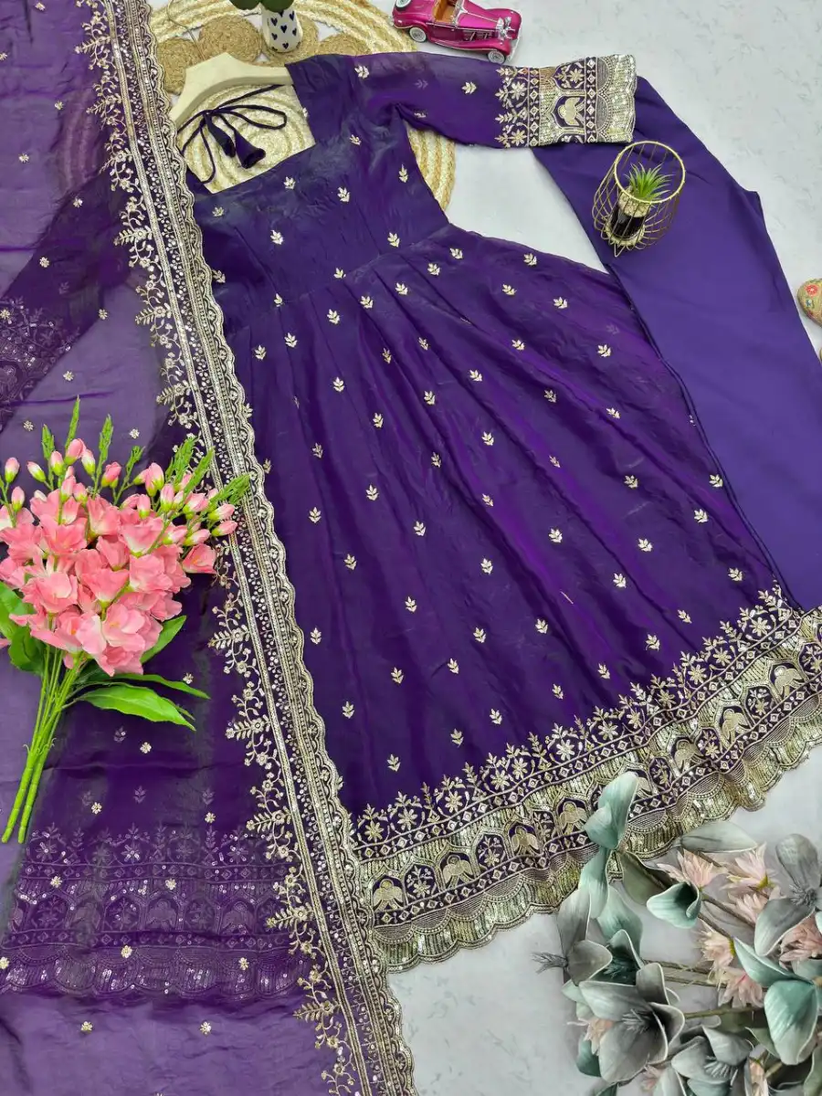 3DESIGNER FENDY SILK EMBROIDERY SEQUENCE WORK GOWN BOTTOM WITH DUPATTA FESTIVE WEAR WHOLESALE PRICE ETHNIC GARMENT (28)