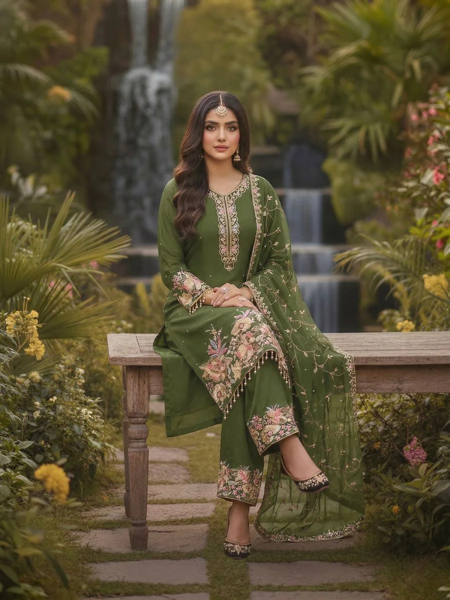 3DESIGNER GEORGETTE EMBROIDERY SEQUENCE WITH PEARL MOTI HAND WORK AND FANCY LACE BORDER WORK TOP PALAZZO WITH DUPATTA FESTIVE WEAR WHOLESALE PRICE ETHNIC GARMENT (13)