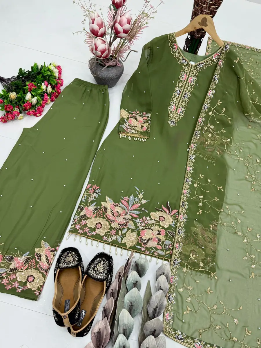 3DESIGNER GEORGETTE EMBROIDERY SEQUENCE WITH PEARL MOTI HAND WORK AND FANCY LACE BORDER WORK TOP PALAZZO WITH DUPATTA FESTIVE WEAR WHOLESALE PRICE ETHNIC GARMENT (15)