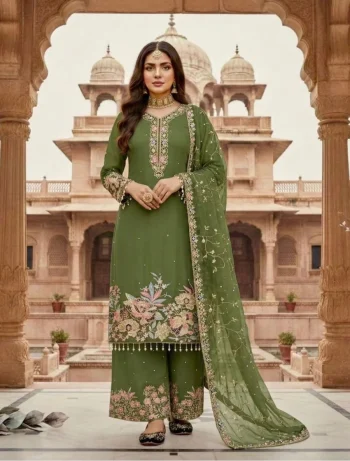 DESIGNER GEORGETTE EMBROIDERY   SEQUENCE  WITH PEARL MOTI HAND WORK AND FANCY LACE BORDER WORK TOP PALAZZO WITH DUPATTA GREEN