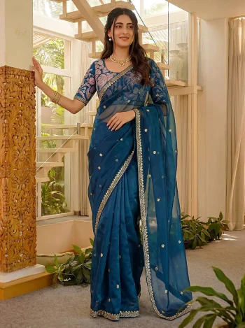 DESIGNER SATIN SILK SEQUENCE  EMBROIDERY WORK SAREE WITH  UNSTITCHED BLOUSE TEAL