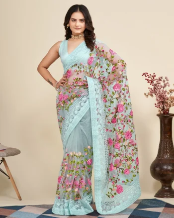 DESIGNER SOFT NET CHIKANKARI EMBROIDERY WORK SAREE WITH UNSTITCHED BLOUSE SKY