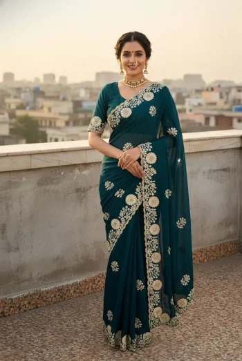 DESIGNER VICHITRA EMBROIDERY AND MULTI  THREAD WITH ARC CUT WORK BORDER SAREE WITH UNSTITCHED BLOUSE TEAL