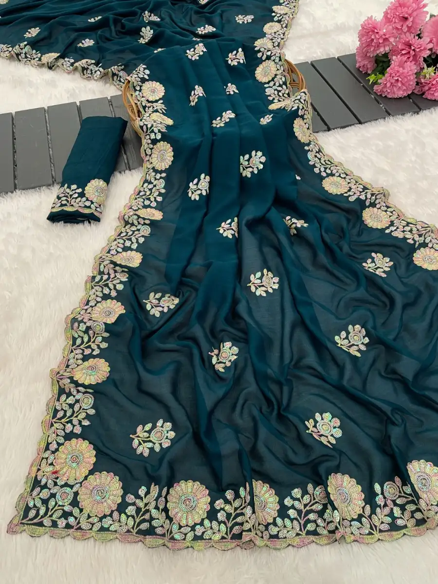 3DESIGNER VICHITRA EMBROIDERY AND MULTI THREAD WITH ARC CUT WORK BORDER SAREE WITH UNSTITCHED BLOUSE FESTIVE WEAR WHOLESALE PRICE ETHNIC GARMENT (5)