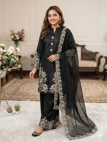 FANCY CREPE SILK EMBROIDERY WORK TOP PALAZZO WITH DUPATTA BLACK