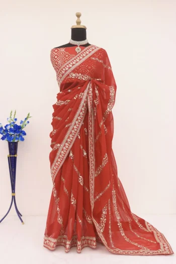 FANCY GEORGETTE CODING SEQUENCE WITH CODING SEQUENCE BORDER WITH PIPING WORK SAREE WITH UNSTITCHED BLOUSE RED