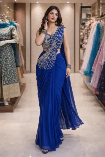 FANCY GEORGETTE EMBROIDERY SEQUENCE WORK READY TO WEAR SAREE WITH STITCHED BLOUSE BLUE