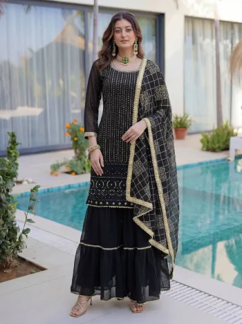 FANCY GEORGETTE EMBROIDERY SEQUENCE ZARI WORK TOP SHARARA WITH DUPATTA BLACK