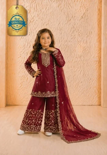 FANCY GMYS SILK EMBROIDERY 3 MM SEQUENCE & CODING DORI  WORK KID'S TOP PALAZZO WITH DUPATTA MAROON