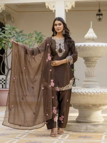 FANCY JAPAN SATIN SEQUENCE CODING EMBROIDERY WORK TOP PATIYALA WITH DUPATTA BROWN
