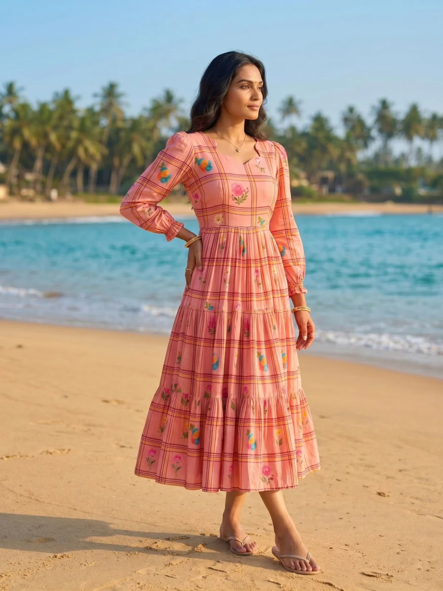 3FANCY MUL CHANDERI CHECKS FLORAL PRINT WORK ONE PIECE DRESS DAILY WEAR WHOLESALE PRICE ETHNIC GARMENT (10)