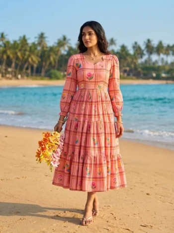 FANCY MUL CHANDERI CHECKS FLORAL PRINT WORK ONE PIECE DRESS BABY PINK
