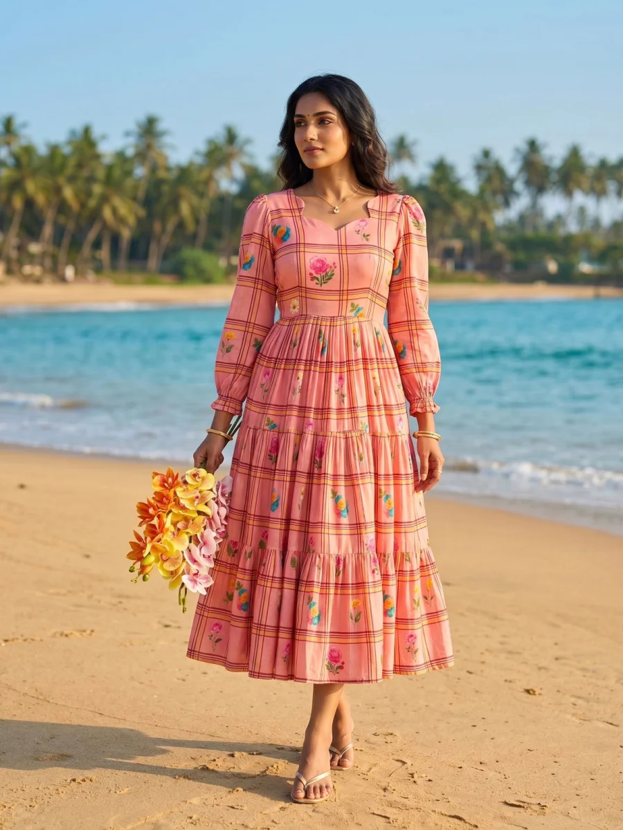 3FANCY MUL CHANDERI CHECKS FLORAL PRINT WORK ONE PIECE DRESS DAILY WEAR WHOLESALE PRICE ETHNIC GARMENT (11)