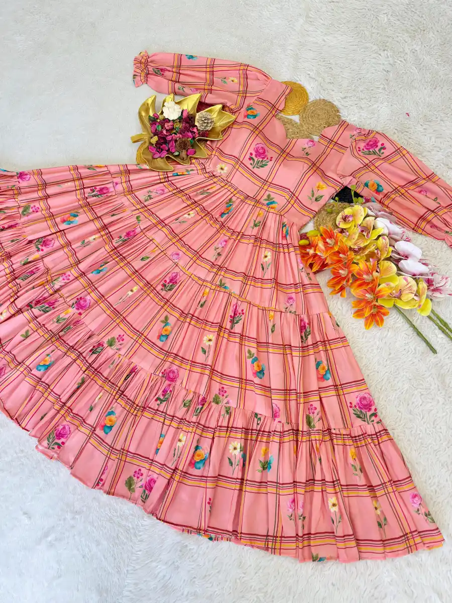 3FANCY MUL CHANDERI CHECKS FLORAL PRINT WORK ONE PIECE DRESS DAILY WEAR WHOLESALE PRICE ETHNIC GARMENT (12)
