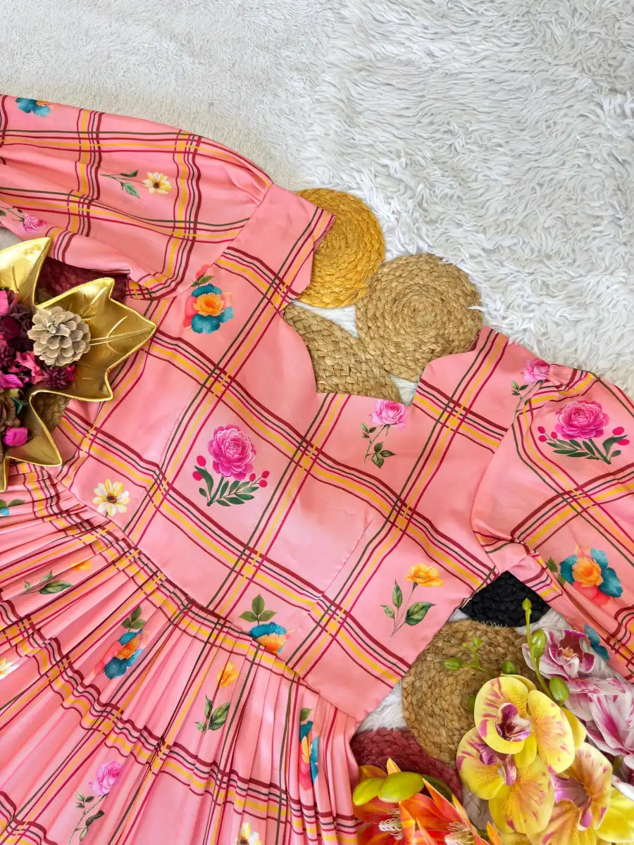 3FANCY MUL CHANDERI CHECKS FLORAL PRINT WORK ONE PIECE DRESS DAILY WEAR WHOLESALE PRICE ETHNIC GARMENT (9)