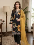 FANCY MUSLIN EMBROIDERY LACE WORK TOP PALAZZO WITH DUPATTA BLACK AND YELLOW