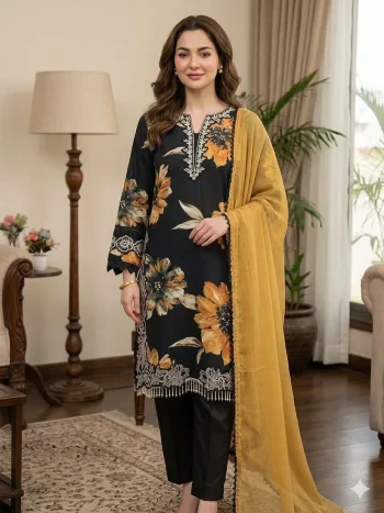 FANCY MUSLIN EMBROIDERY LACE WORK TOP PALAZZO WITH DUPATTA BLACK AND YELLOW