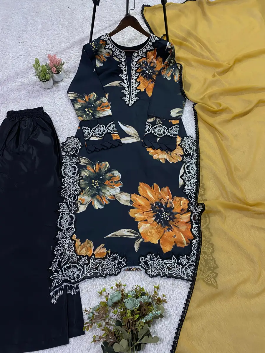 3FANCY MUSLIN EMBROIDERY LACE WORK TOP PALAZZO WITH DUPATTA FESTIVE WEAR WHOLESALE PRICE ETHNIC GARMENT (24)