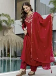 FANCY VICHITRA SILK SEQUENCE CODING EMBROIDERY WORK TOP BOTTOM WITH DUPATTA RED