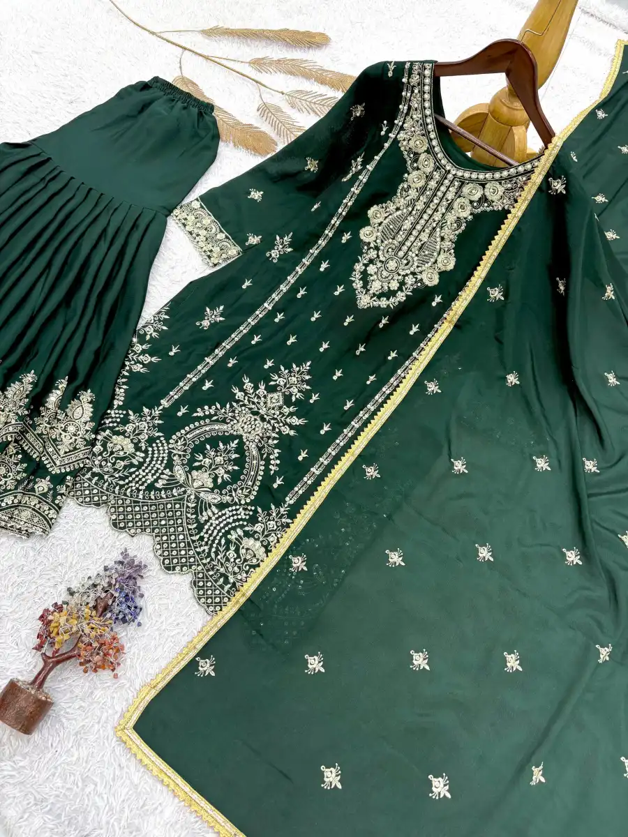 3MODERN CHINON SILK EMBROIDERY SEQUENCE WORK WITH RIVET MOTI WORK TOP SHARARA WITH DUPATTA FESTIVE WEAR WHOLESALE PRICE ETHNIC GARMENT (11)