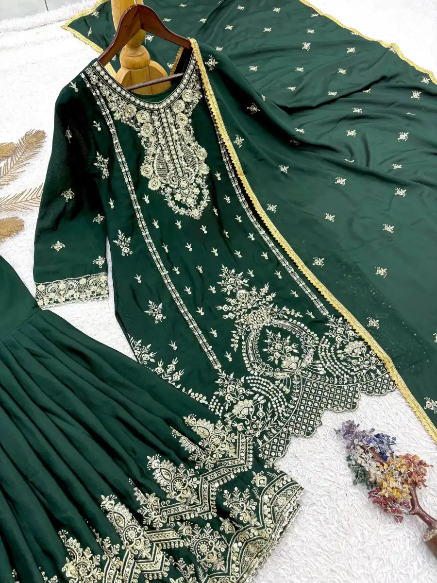 3MODERN CHINON SILK EMBROIDERY SEQUENCE WORK WITH RIVET MOTI WORK TOP SHARARA WITH DUPATTA FESTIVE WEAR WHOLESALE PRICE ETHNIC GARMENT (13)