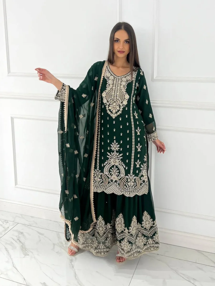 3MODERN CHINON SILK EMBROIDERY SEQUENCE WORK WITH RIVET MOTI WORK TOP SHARARA WITH DUPATTA FESTIVE WEAR WHOLESALE PRICE ETHNIC GARMENT (5)