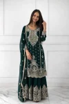 MODERN CHINON SILK EMBROIDERY SEQUENCE WORK WITH RIVET MOTI WORK TOP SHARARA WITH DUPATTA GREEN