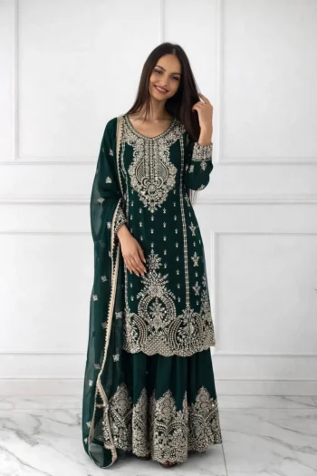 MODERN CHINON SILK EMBROIDERY SEQUENCE WORK WITH RIVET MOTI WORK TOP SHARARA WITH DUPATTA GREEN