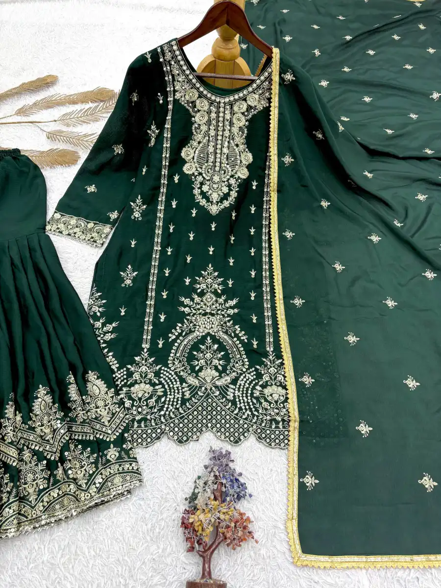 3MODERN CHINON SILK EMBROIDERY SEQUENCE WORK WITH RIVET MOTI WORK TOP SHARARA WITH DUPATTA FESTIVE WEAR WHOLESALE PRICE ETHNIC GARMENT (9)