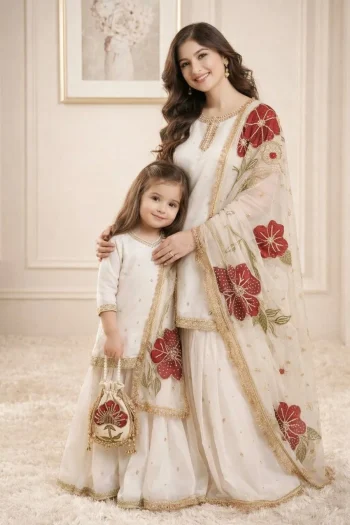 MODERN GMY SILK EMBROIDERY SEQUENCE WORK MOTHER DAUGHTER SET WHITE