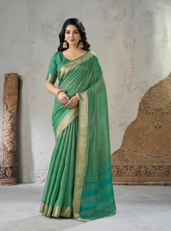 MODERN LINENE COTTON SILK GOLD ZARI AND SELF DESIGN WORK SAREE WITH UNSTITCHED BLOUSE GREEN