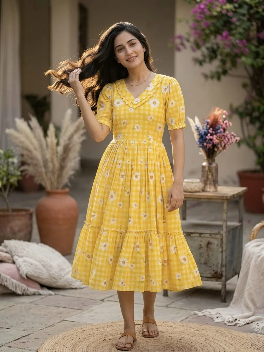 3MODERN MUSLIN SILK GINGHAM PRINT WORK ONE PIECE DRESS FESTIVE WEAR WHOLESALE PRICE ETHNIC GARMENT (1)