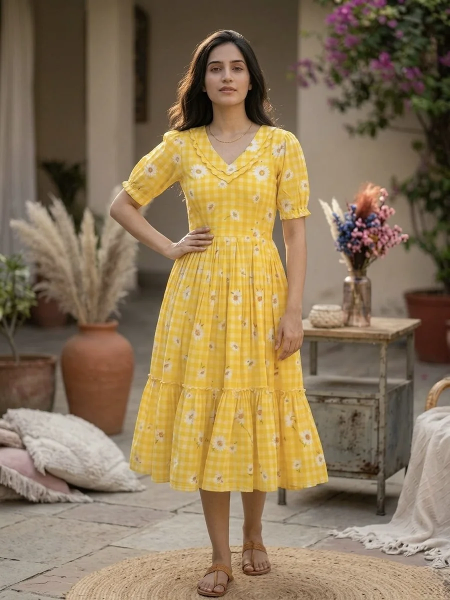 3MODERN MUSLIN SILK GINGHAM PRINT WORK ONE PIECE DRESS FESTIVE WEAR WHOLESALE PRICE ETHNIC GARMENT (2)