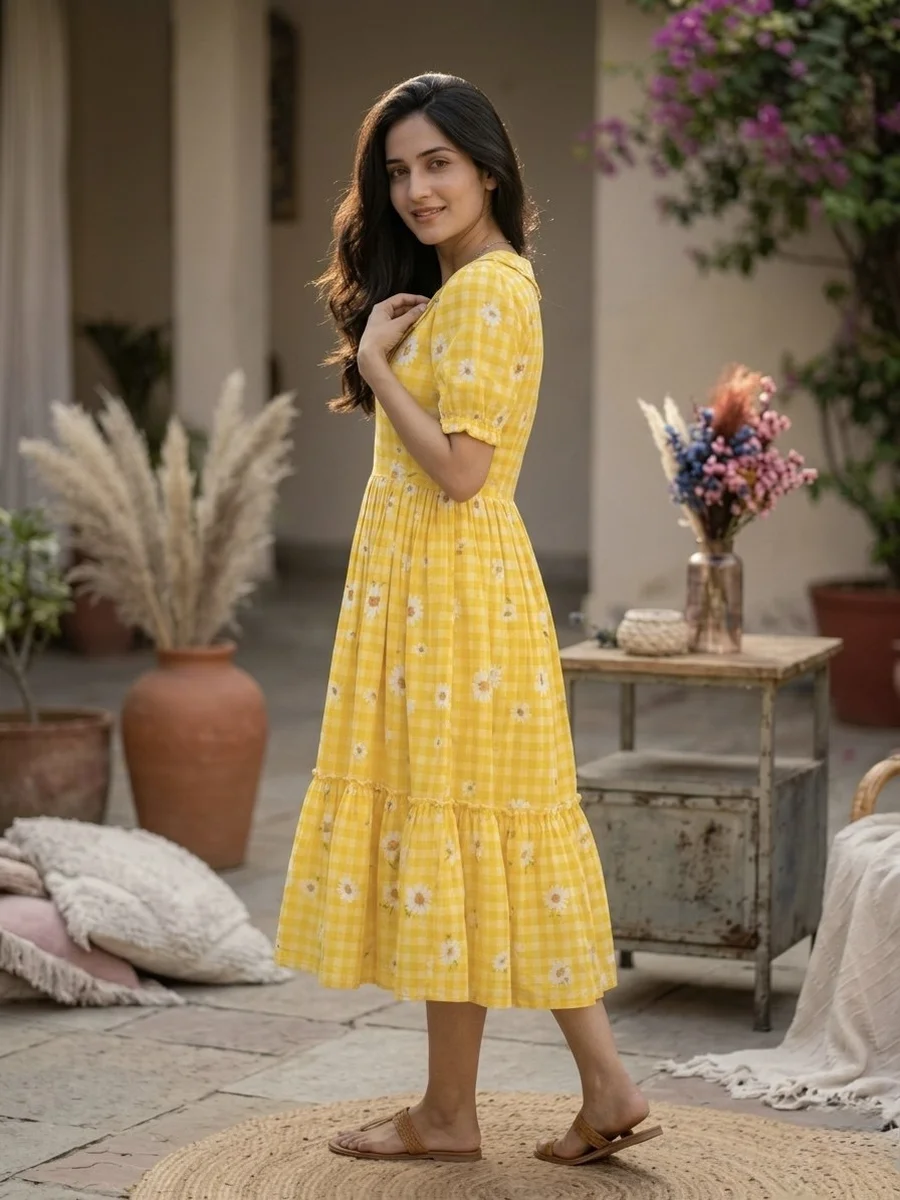 3MODERN MUSLIN SILK GINGHAM PRINT WORK ONE PIECE DRESS FESTIVE WEAR WHOLESALE PRICE ETHNIC GARMENT (4)
